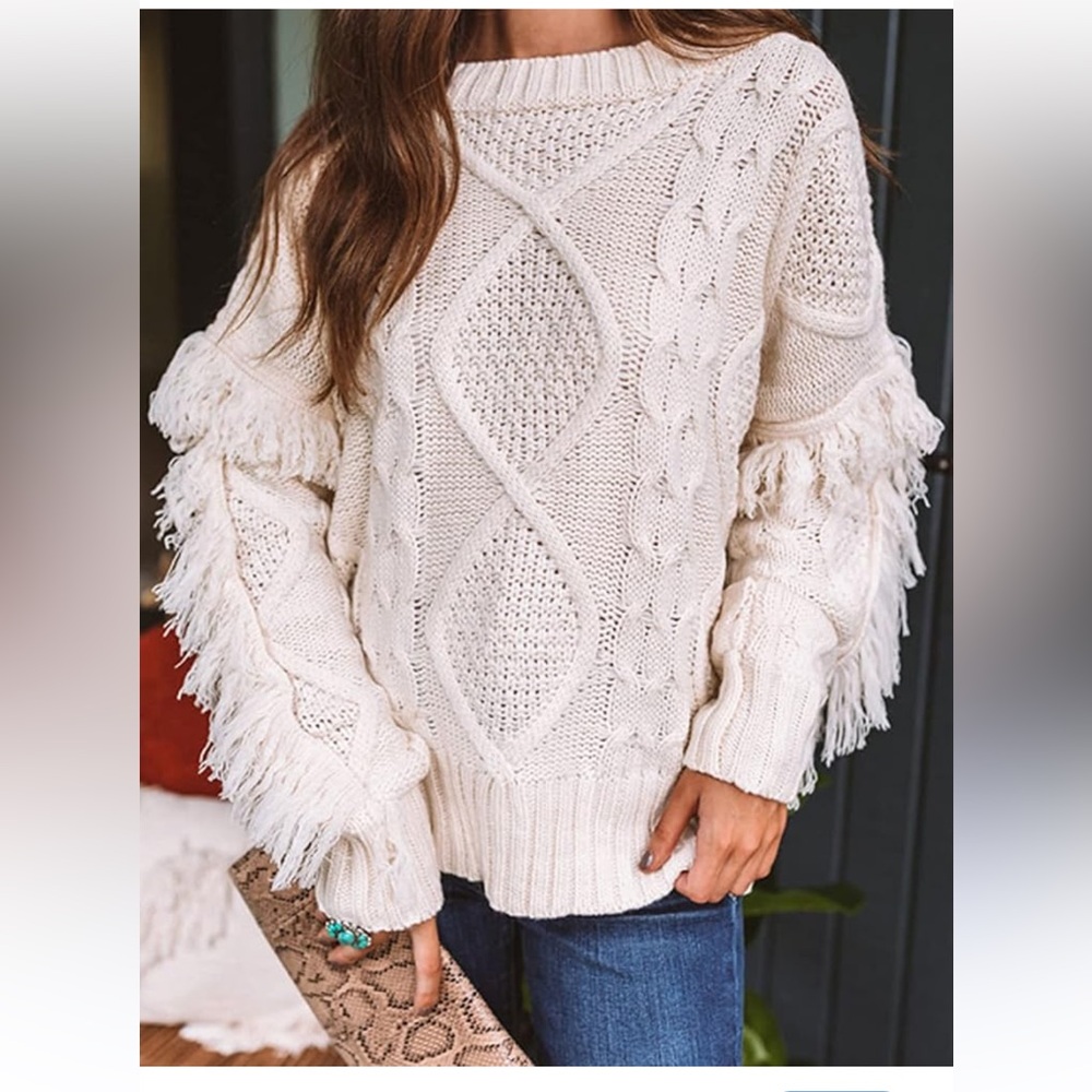 &Merci womans boho Cream fringe sweater size L